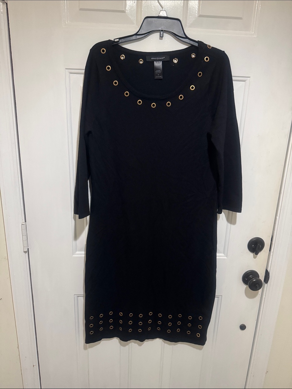 Ashley Stewart Black Midi Sweater Dress with Gold Grommet Detail